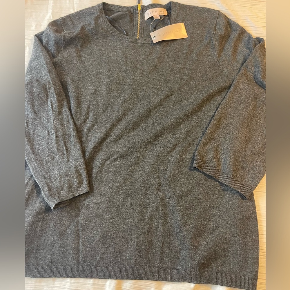 Philosophy NWT grey crew neck sweater gold zipper at back neck long sleeve XL